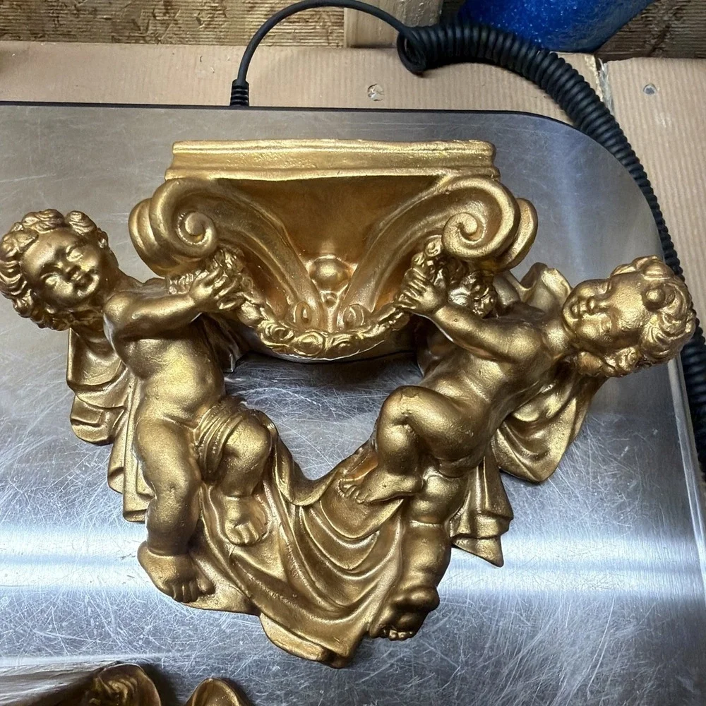 Vtg Gold Cherub Wall Sconces Shelves Pair Hollywood Regency Ornate Plaster